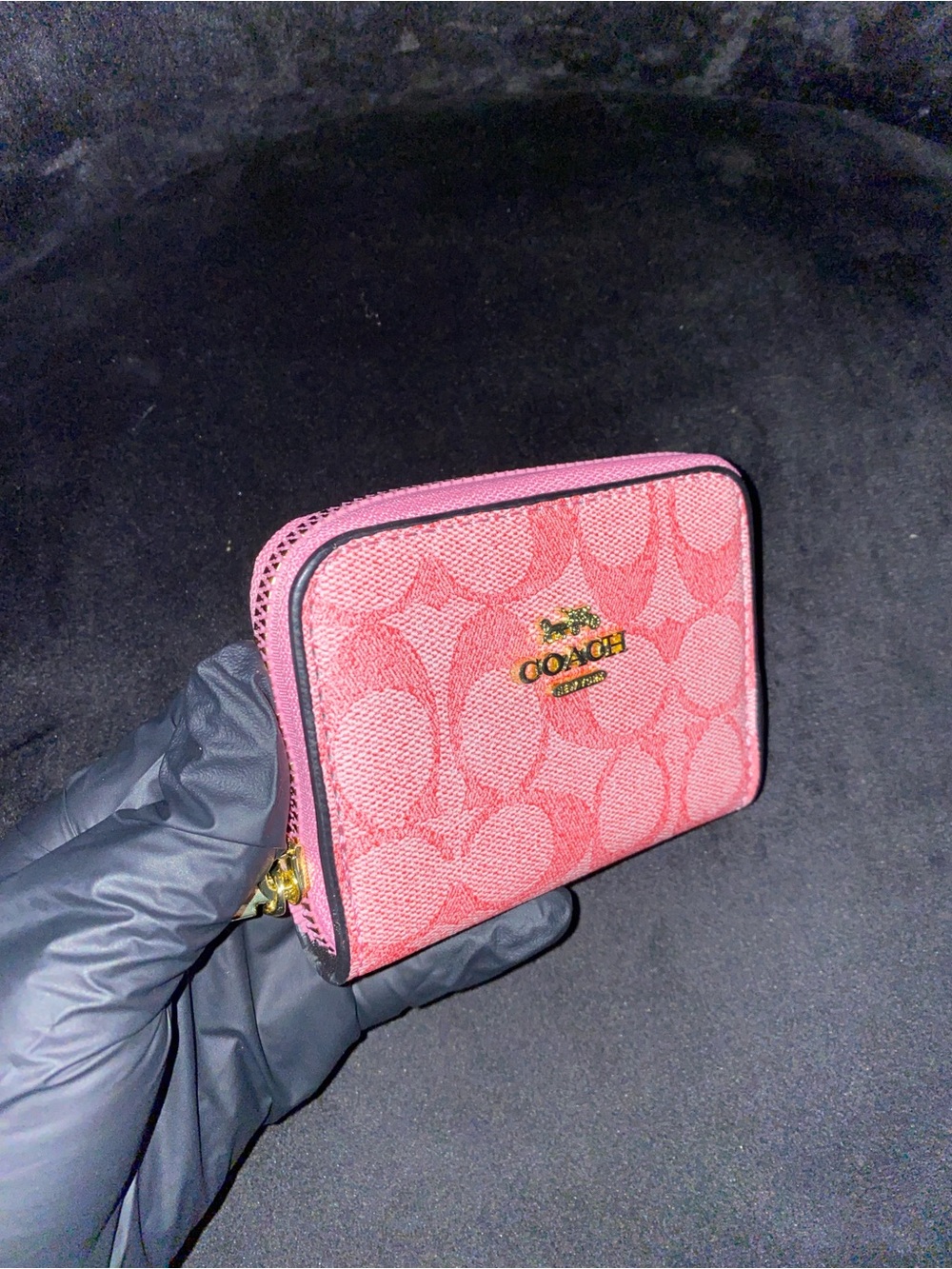 Coach Zip Around Compact Wallet Pink Signature Coach Canvas